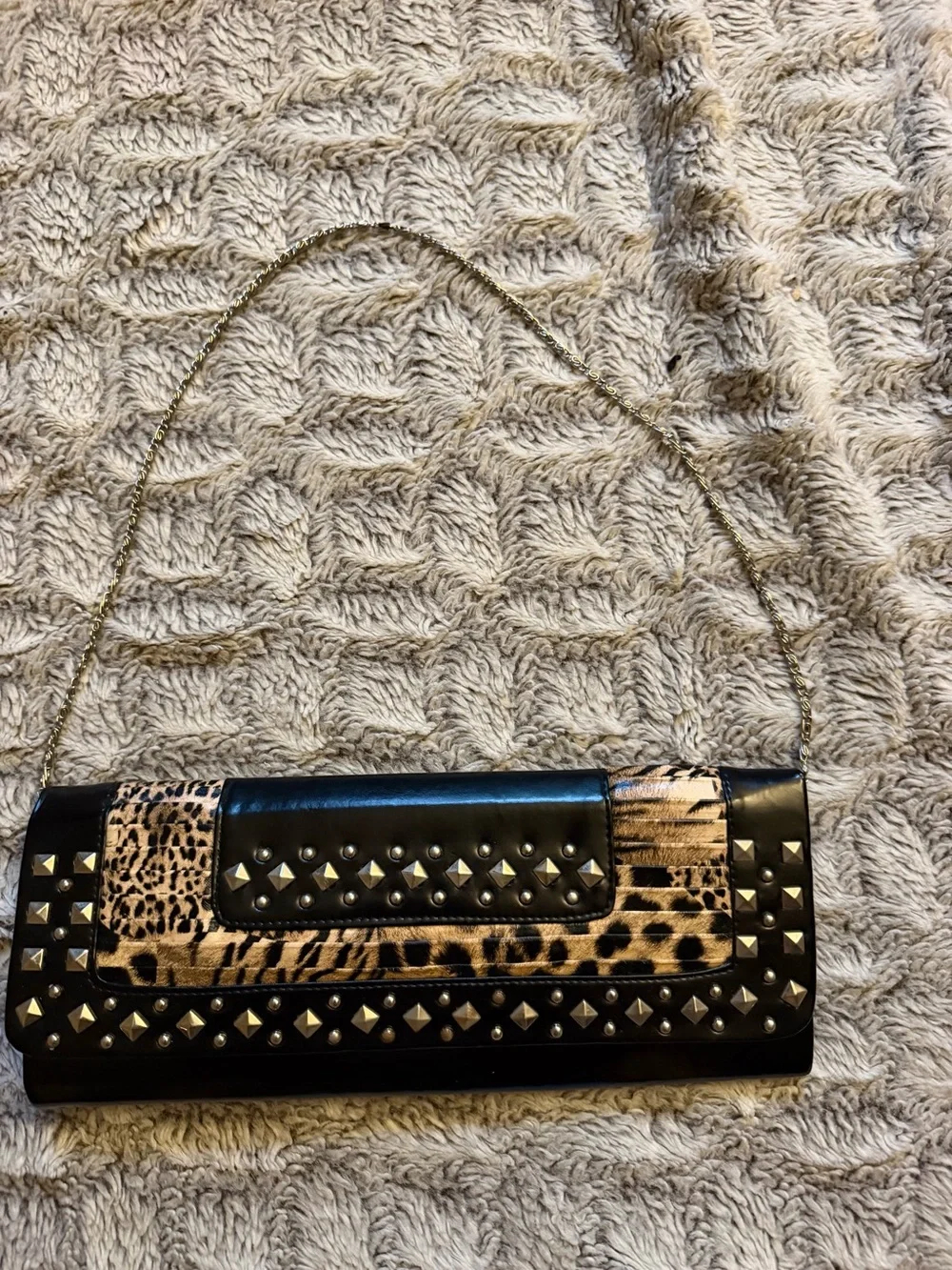 Black and Leopard Print Studded Evening Clutch with Gold Chain